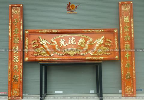 Bộ Hoành Phi Câu Đối Gỗ Hương Đỏ Đức Lưu Quang Tích Mai Đào Dát Vàng Hoành Phi 197*68*4 - Câu Đối 197*28*4