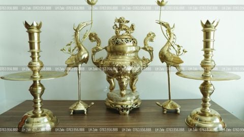 Đỉnh Đồng Ngũ Sự Bằng Đồng Cát Tút Song Long Chầu Nguyệt Cao 60 Cm