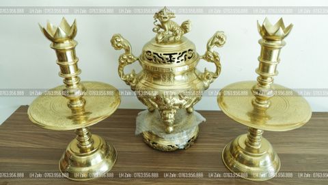 Bộ Tam Sự Nến Bằng Đồng Cát Tút Song Long Chầu Nguyệt Cao 50 Cm