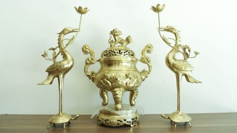 Bộ Tam Sự Hạc Bằng Đồng Cát Tút Song Long Chầu Nguyệt Cao 50 Cm