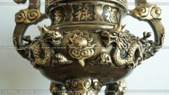Đỉnh Đồng Ngũ Sự Bằng Đồng Vàng Giả Cổ Song Long Chầu Nguyệt Cao 60 Cm