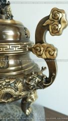 Đỉnh Đồng Ngũ Sự Bằng Đồng Vàng Giả Cổ Song Long Chầu Nguyệt Cao 65 Cm