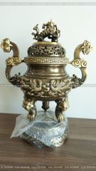 Bộ Tam Sự Nến Bằng Đồng Vàng Giả Cổ Song Long Chầu Nguyệt Cao 45 Cm