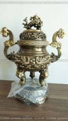 Bộ Tam Sự Hạc Bằng Đồng Vàng Giả Cổ Song Long Chầu Nguyệt Cao 50 Cm