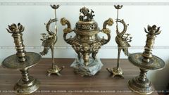 Đỉnh Đồng Ngũ Sự Bằng Đồng Vàng Giả Cổ Song Long Chầu Nguyệt Cao 45 Cm