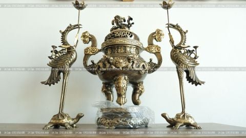 Bộ Tam Sự Hạc Bằng Đồng Vàng Giả Cổ Song Long Chầu Nguyệt Cao 65 Cm