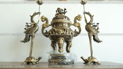 Bộ Tam Sự Hạc Bằng Đồng Vàng Giả Cổ Song Long Chầu Nguyệt Cao 65 Cm