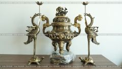 Bộ Tam Sự Hạc Bằng Đồng Vàng Giả Cổ Song Long Chầu Nguyệt Cao 65 Cm