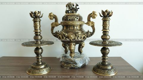 Bộ Tam Sự Nến Bằng Đồng Vàng Giả Cổ Song Long Chầu Nguyệt Cao 60 Cm