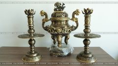 Bộ Tam Sự Nến Bằng Đồng Vàng Giả Cổ Song Long Chầu Nguyệt Cao 60 Cm