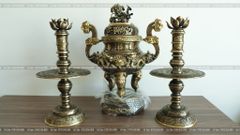 Bộ Tam Sự Nến Bằng Đồng Vàng Giả Cổ Song Long Chầu Nguyệt Cao 50 Cm