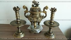 Bộ Tam Sự Nến Bằng Đồng Vàng Giả Cổ Song Long Chầu Nguyệt Cao 60 Cm