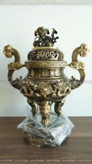 Đỉnh Đồng Ngũ Sự Bằng Đồng Vàng Giả Cổ Song Long Chầu Nguyệt Cao 60 Cm