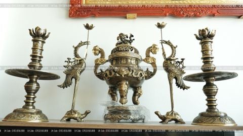 Đỉnh Đồng Ngũ Sự Bằng Đồng Vàng Giả Cổ Song Long Chầu Nguyệt Cao 70 Cm