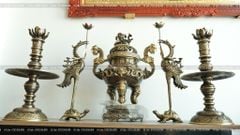 Đỉnh Đồng Ngũ Sự Bằng Đồng Vàng Giả Cổ Song Long Chầu Nguyệt Cao 70 Cm