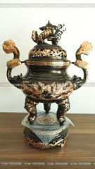 Đỉnh Đồng Ngũ Sự Bằng Đồng Đỏ Phớt Nỉ Nguyên Khối Song Long Chầu Nguyệt Cao 60 Cm