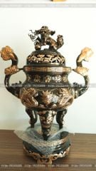 Đỉnh Đồng Ngũ Sự Bằng Đồng Đỏ Phớt Nỉ Nguyên Khối Song Long Chầu Nguyệt Cao 60 Cm