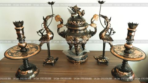 Đỉnh Đồng Ngũ Sự Bằng Đồng Đỏ Phớt Nỉ Nguyên Khối Song Long Chầu Nguyệt Cao 60 Cm