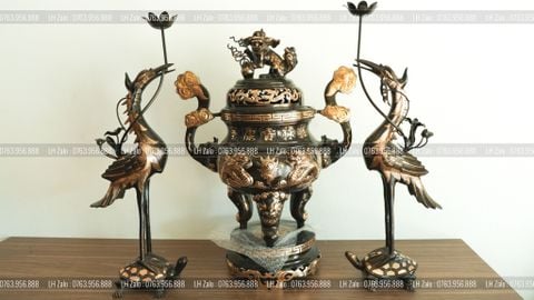 Bộ Tam Sự Hạc Bằng Đồng Đỏ Phớt Nỉ Nguyên Khối Song Long Chầu Nguyệt Cao 60 Cm