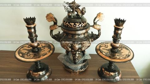 Bộ Tam Sự Nến Bằng Đồng Đỏ Phớt Nỉ Nguyên Khối Song Long Chầu Nguyệt Cao 60 Cm