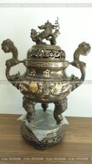 Đỉnh Đồng Ngũ Sự Bằng Đồng Đỏ Khảm Tam Khí Song Long Chầu Nguyệt Cao 60 Cm