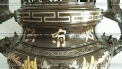 Đỉnh Đồng Ngũ Sự Bằng Đồng Đỏ Khảm Tam Khí Song Long Chầu Nguyệt Cao 60 Cm