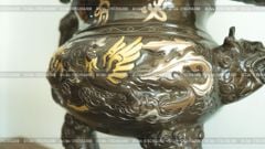 Đỉnh Đồng Ngũ Sự Bằng Đồng Đỏ Khảm Tam Khí Song Long Chầu Nguyệt Cao 60 Cm