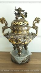 Đỉnh Đồng Ngũ Sự Bằng Đồng Đỏ Khảm Tam Khí Song Long Chầu Nguyệt Cao 60 Cm