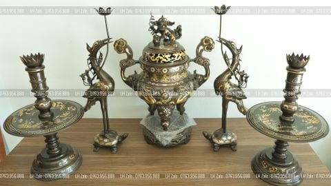 Đỉnh Đồng Ngũ Sự Bằng Đồng Đỏ Khảm Tam Khí Song Long Chầu Nguyệt Cao 60 Cm