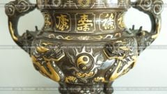 Đỉnh Đồng Ngũ Sự Bằng Đồng Đỏ Khảm Tam Khí Song Long Chầu Nguyệt Cao 60 Cm