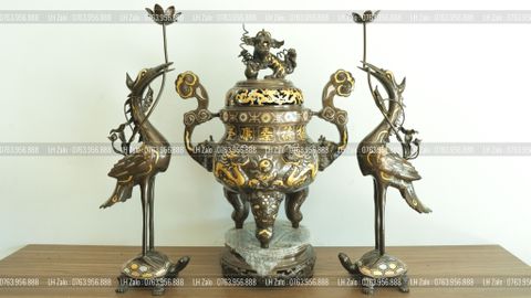 Bộ Tam Sự Hạc Bằng Đồng Đỏ Khảm Tam Khí Song Long Chầu Nguyệt Cao 60 Cm