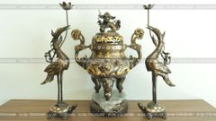 Bộ Tam Sự Hạc Bằng Đồng Đỏ Khảm Tam Khí Song Long Chầu Nguyệt Cao 60 Cm