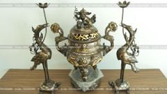 Đỉnh Đồng Ngũ Sự Bằng Đồng Đỏ Khảm Tam Khí Song Long Chầu Nguyệt Cao 60 Cm