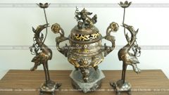 Bộ Tam Sự Hạc Bằng Đồng Đỏ Khảm Tam Khí Song Long Chầu Nguyệt Cao 60 Cm