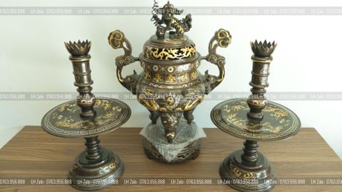 Bộ Tam Sự Nến Bằng Đồng Đỏ Khảm Tam Khí Song Long Chầu Nguyệt Cao 60 Cm