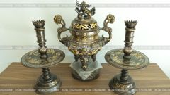 Bộ Tam Sự Nến Bằng Đồng Đỏ Khảm Tam Khí Song Long Chầu Nguyệt Cao 60 Cm