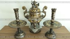 Đỉnh Đồng Ngũ Sự Bằng Đồng Đỏ Khảm Tam Khí Song Long Chầu Nguyệt Cao 60 Cm
