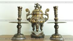 Bộ Tam Sự Nến Bằng Đồng Đỏ Khảm Tam Khí Song Long Chầu Nguyệt Cao 60 Cm