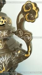 Đỉnh Đồng Ngũ Sự Bằng Đồng Đỏ Khảm Tam Khí Song Long Chầu Nguyệt Cao 60 Cm