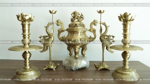 Đỉnh Đồng Ngũ Sự Bằng Đồng Vàng Song Long Chầu Nguyệt Cao 45 Cm