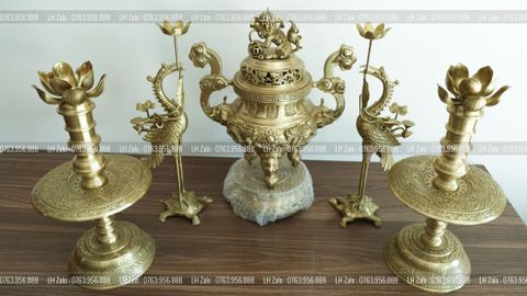 Đỉnh Đồng Ngũ Sự Bằng Đồng Vàng Song Long Chầu Nguyệt Cao 50 Cm