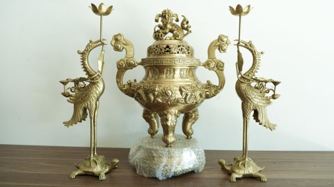 Bộ Tam Sự Hạc Bằng Đồng Vàng Song Long Chầu Nguyệt Cao 45 Cm