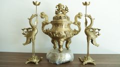 Bộ Tam Sự Hạc Bằng Đồng Vàng Song Long Chầu Nguyệt Cao 45 Cm