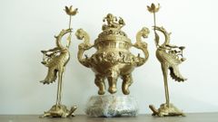 Bộ Tam Sự Hạc Bằng Đồng Vàng Song Long Chầu Nguyệt Cao 45 Cm