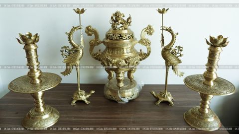 Đỉnh Đồng Ngũ Sự Bằng Đồng Vàng Song Long Chầu Nguyệt Cao 70 Cm