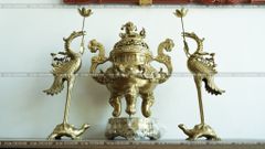 Đỉnh Đồng Ngũ Sự Bằng Đồng Vàng Song Long Chầu Nguyệt Cao 65 Cm