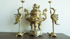 Bộ Tam Sự Hạc Bằng Đồng Vàng Song Long Chầu Nguyệt Cao 60 Cm