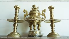 Đỉnh Đồng Ngũ Sự Bằng Đồng Vàng Song Long Chầu Nguyệt Cao 65 Cm