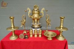 Bộ Ngũ Sự Bằng Đồng Vàng Cao 60 Rồng Vàng Mộc +Mâm Bồng 30+ Ba Đài 10