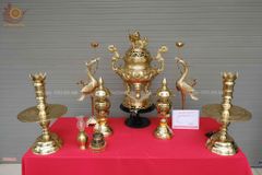 Bộ Ngũ Sự Bằng Đồng Cát Tút  Song Long Chầu Nguyệt Cao 60 Catut + Đèn Cao 45cm